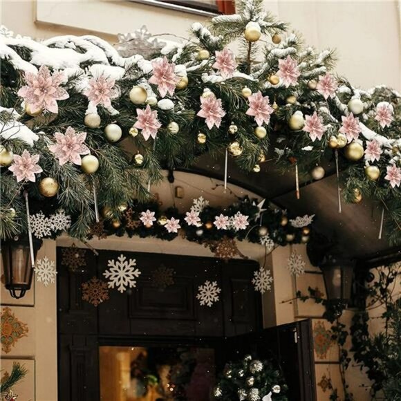 36 Pcs Artificial Poinsettia Flowers with Glitters Christmas Decors (Rose Gold) - Picture 5 of 7